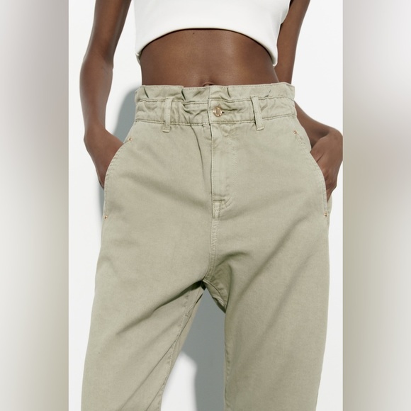Zara Sage Green Baggy Fit Paper Bag Carrot Leg High Waist Ankle Pants size 0 - Picture 3 of 6